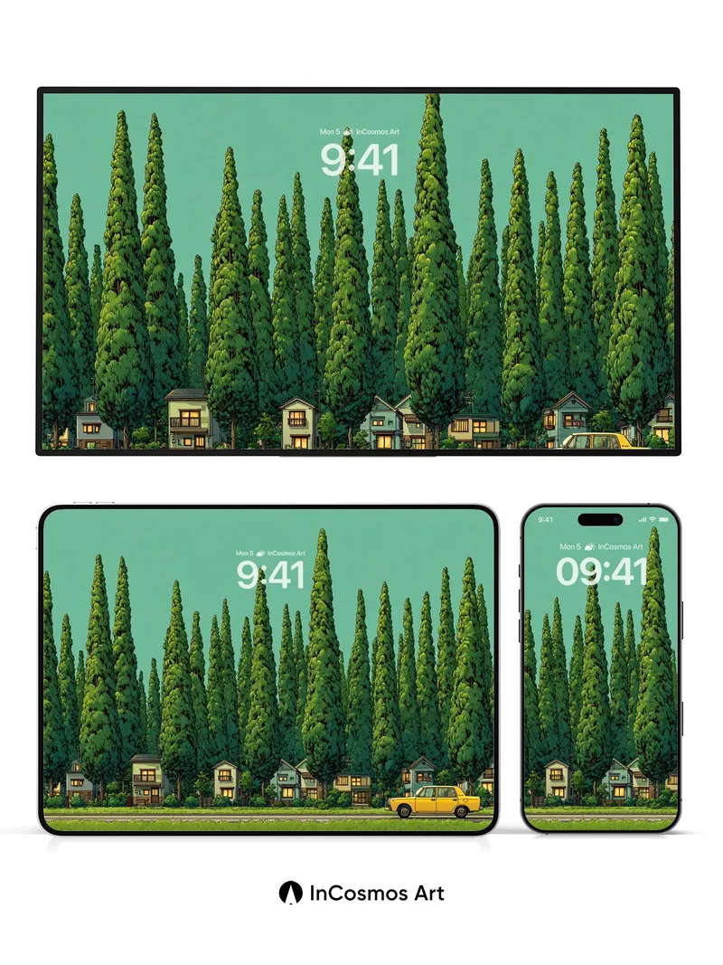 Serene Pine Grove Wallpaper with Golden Car