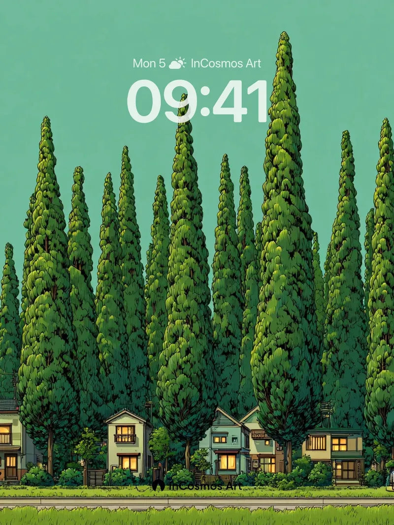 Serene Pine Grove Wallpaper with Golden Car