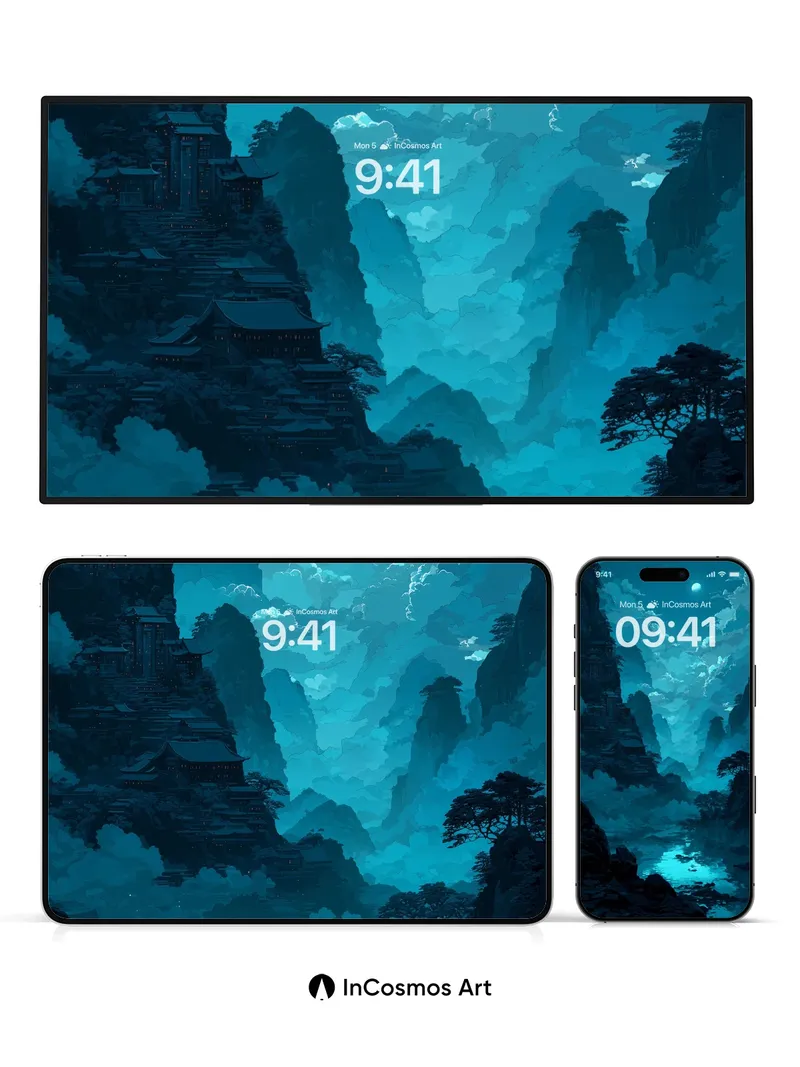 Moonlit Mountain Wallpaper with Floating Temples