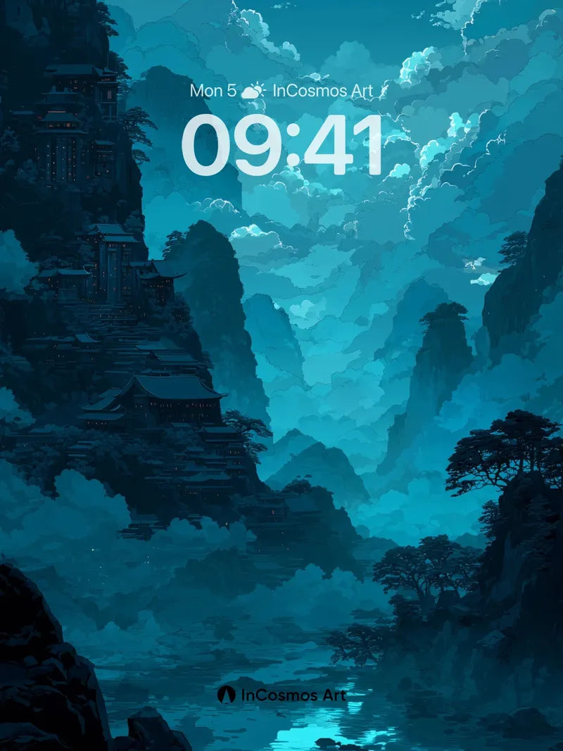 Moonlit Mountain Wallpaper with Floating Temples