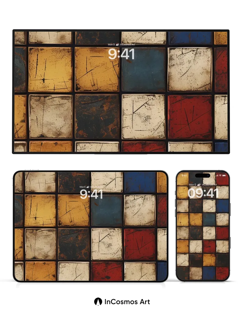 Rustic Grid Wallpaper with Scratched Color Blocks