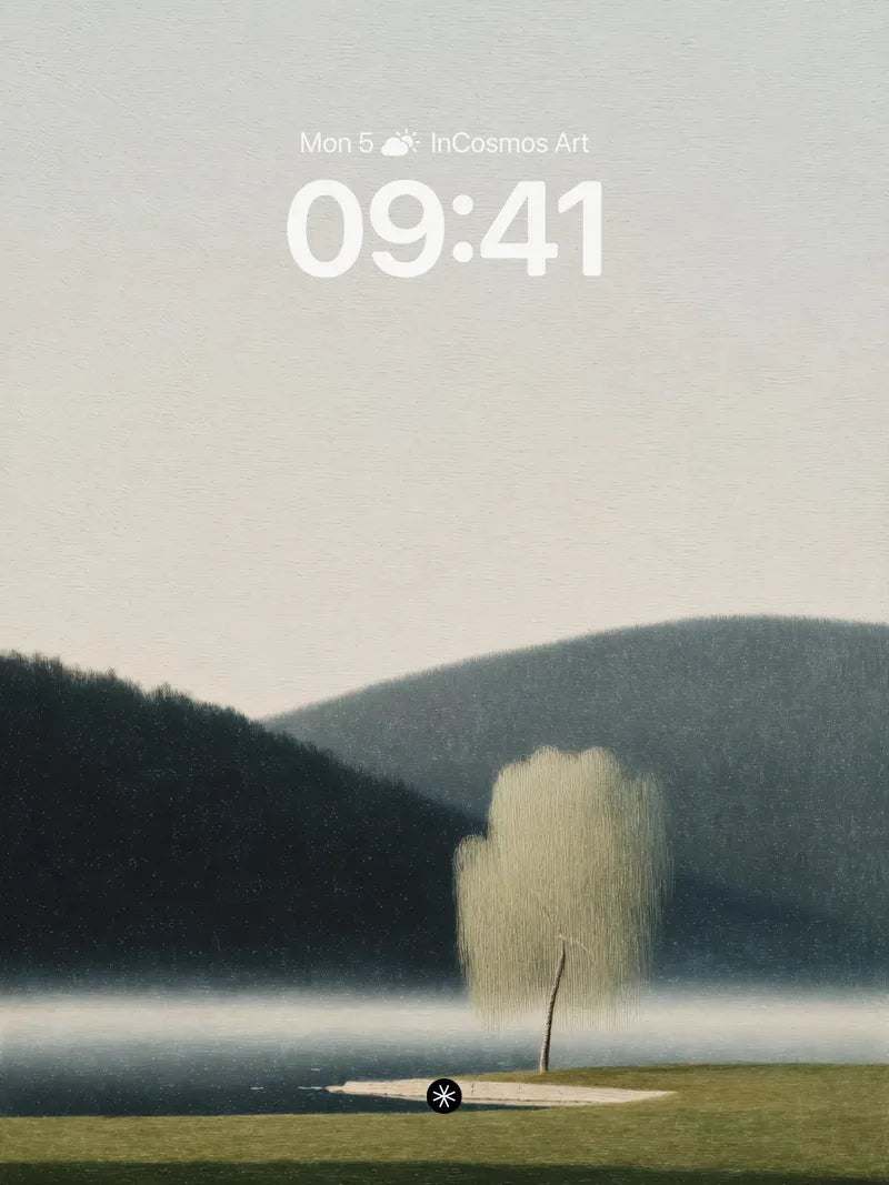Misty Lake Solitude Wallpaper with Willow Silhouette wallpaper for iPhone, iPad & Mac