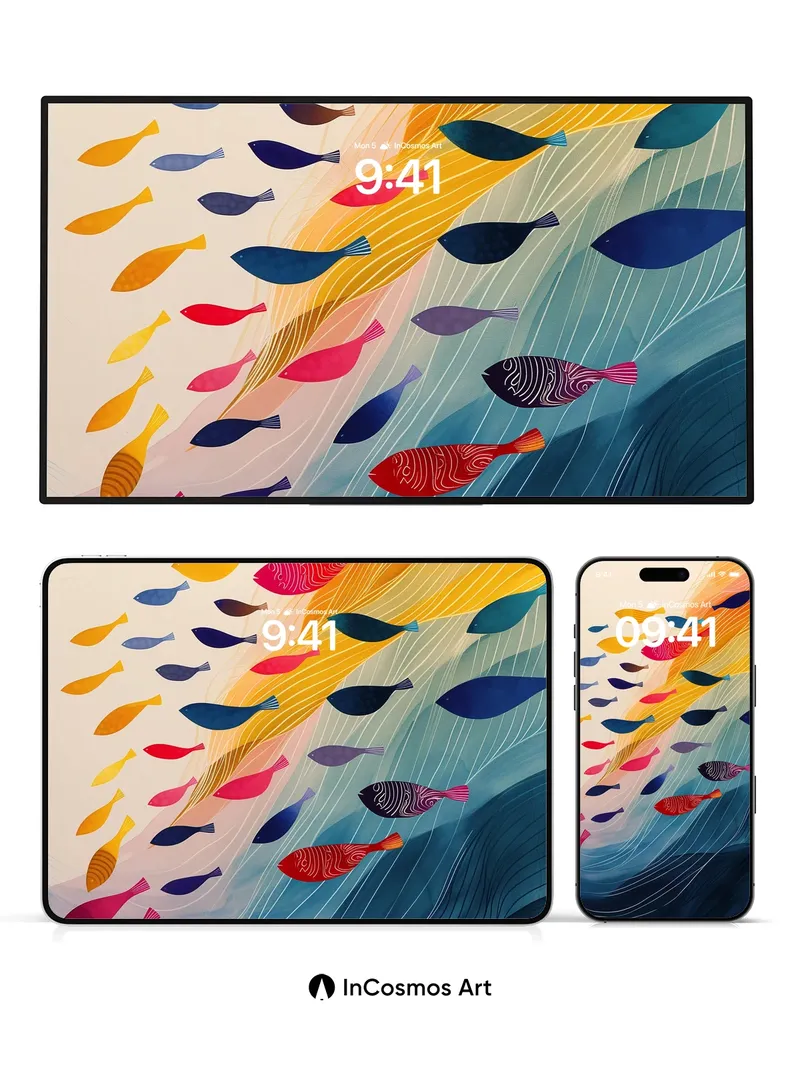 Oceanic Current Wallpaper with Swirling Fish