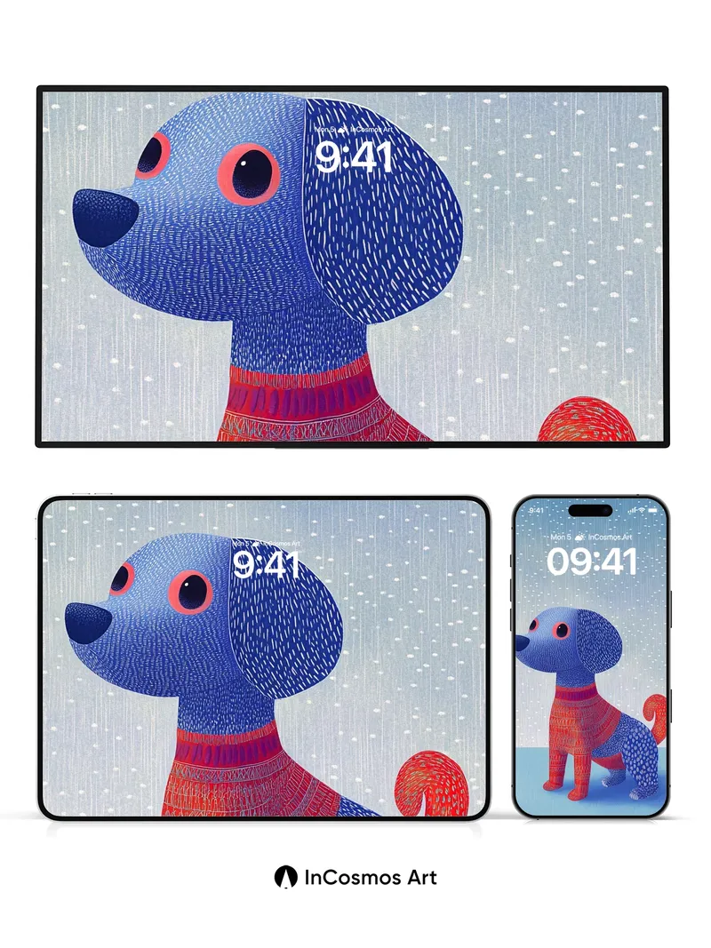 Whimsical Stitched Dog Wallpaper with Patterned Rain