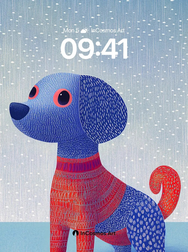 Whimsical Stitched Dog Wallpaper with Patterned Rain wallpaper for iPhone, iPad & Mac