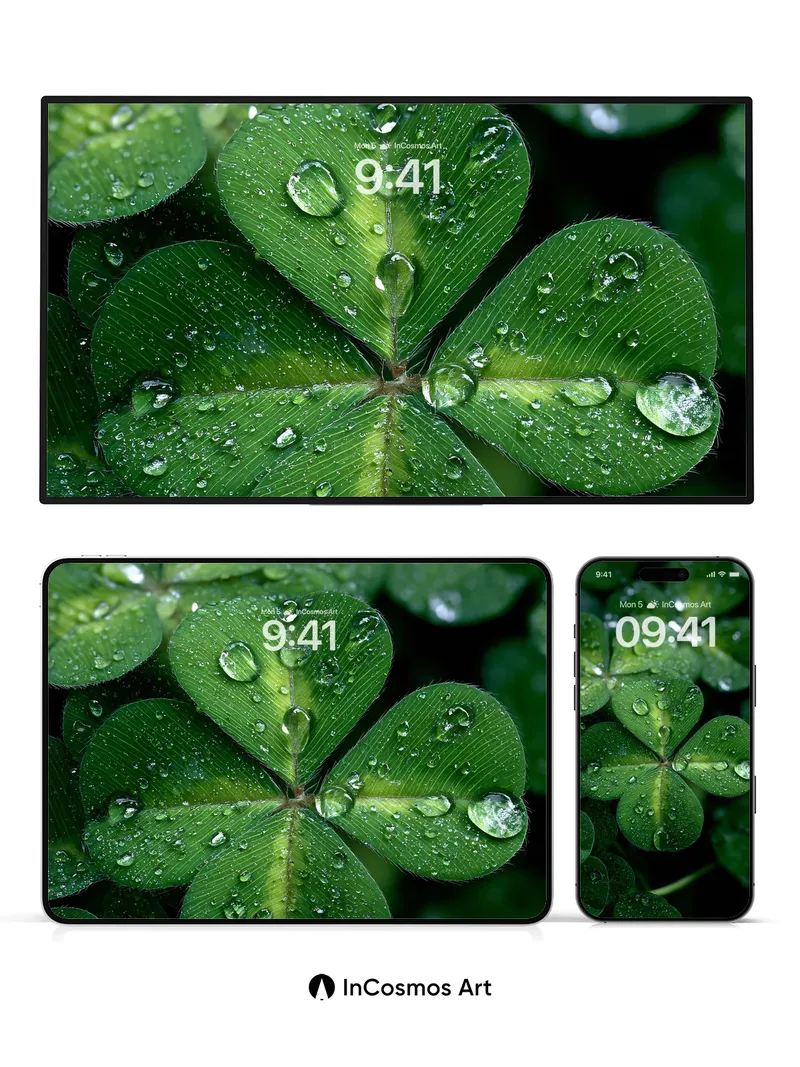 Serenity Clovers Wallpaper with Dewdrops