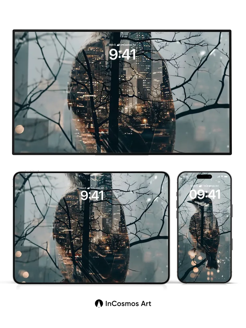 Urban Echo Wallpaper with Feathered Cityscape