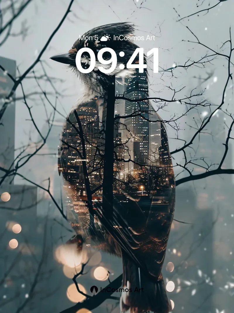 Urban Echo Wallpaper with Feathered Cityscape