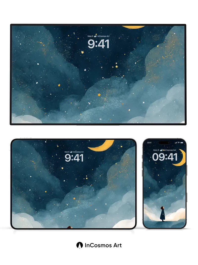 Serenity Moonlit Wallpaper with Star-Scattered Clouds