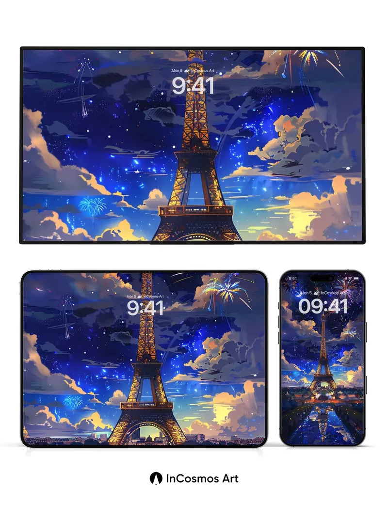 Starry Eiffel Wallpaper with Firework Echoes