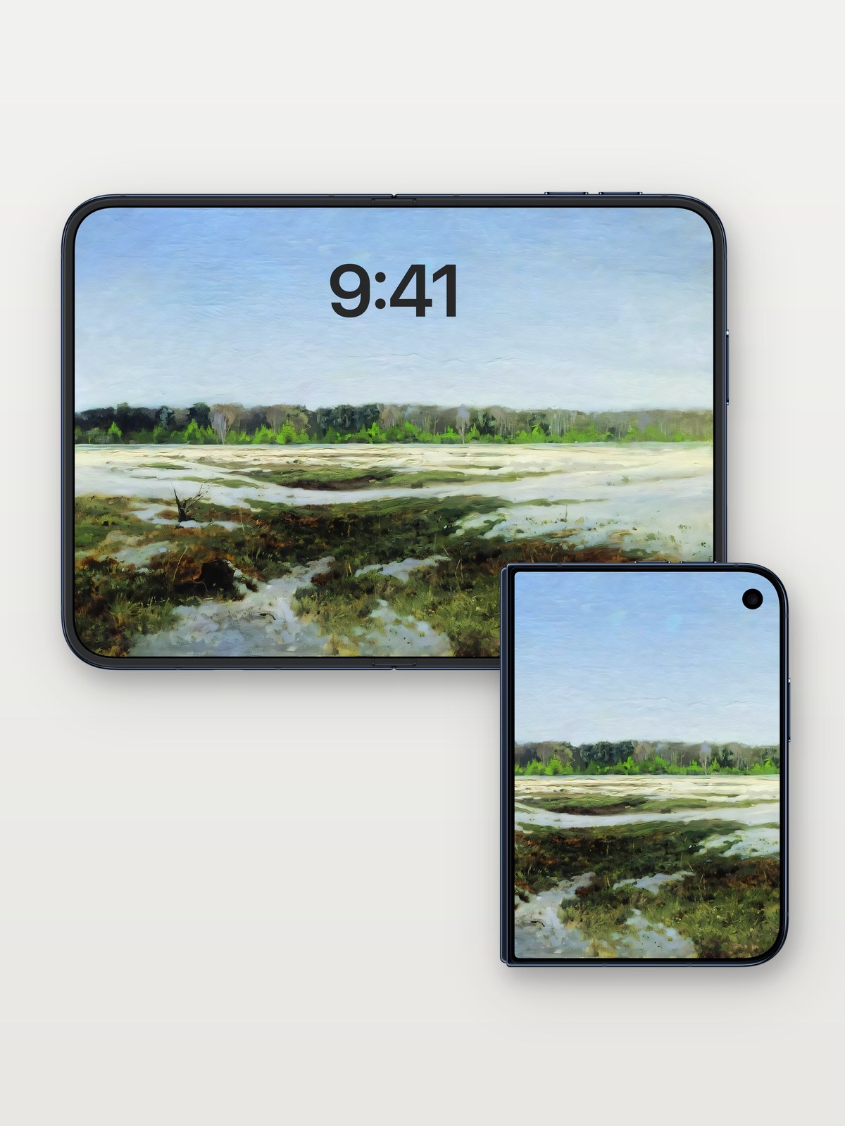 Serenity Marsh Wallpaper with Soft Light Drift on iPhone Duo, open and closed