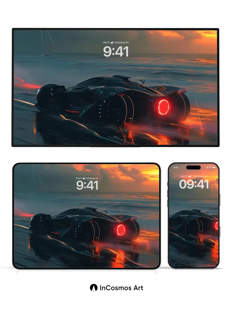 Neon Drift Wallpaper with Sunset Reflections