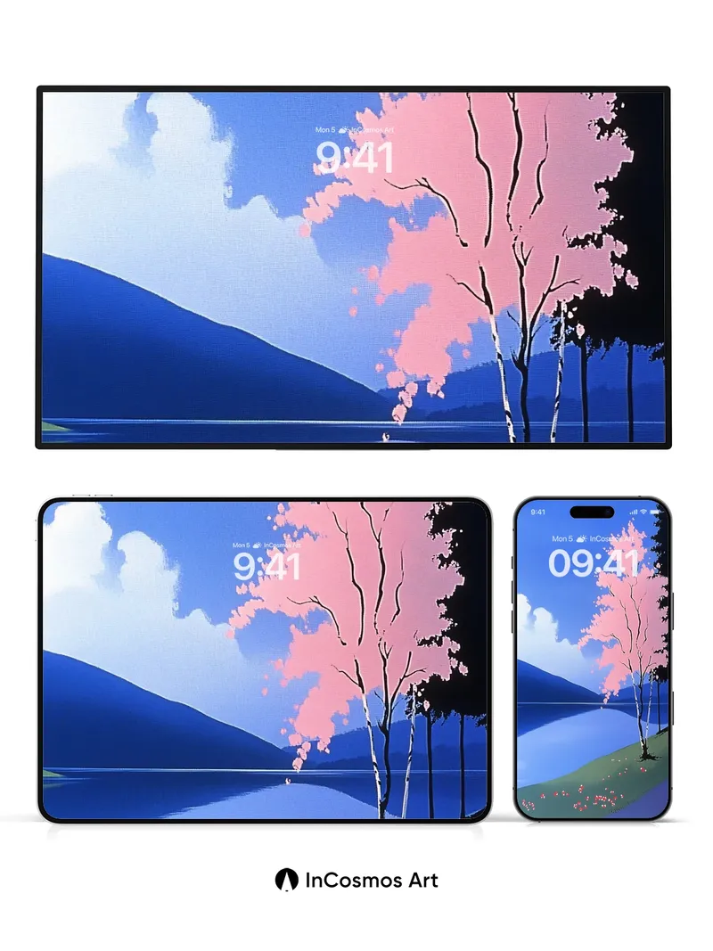 Serene Sakura Wallpaper with Mountain Reflection