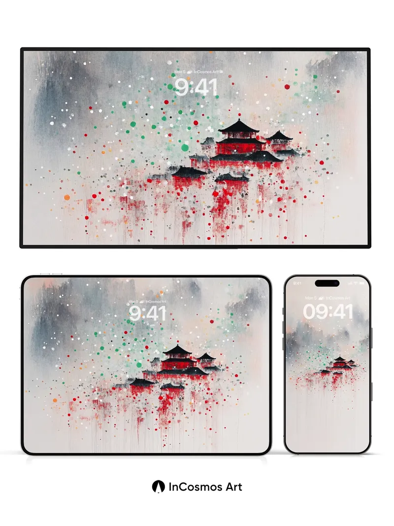 Serenity Ink Wallpaper with Floating Temple