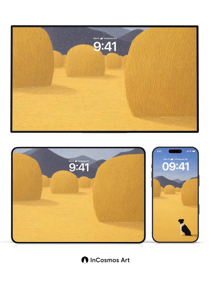 Serenity Hayfield Wallpaper with Watchful Dog