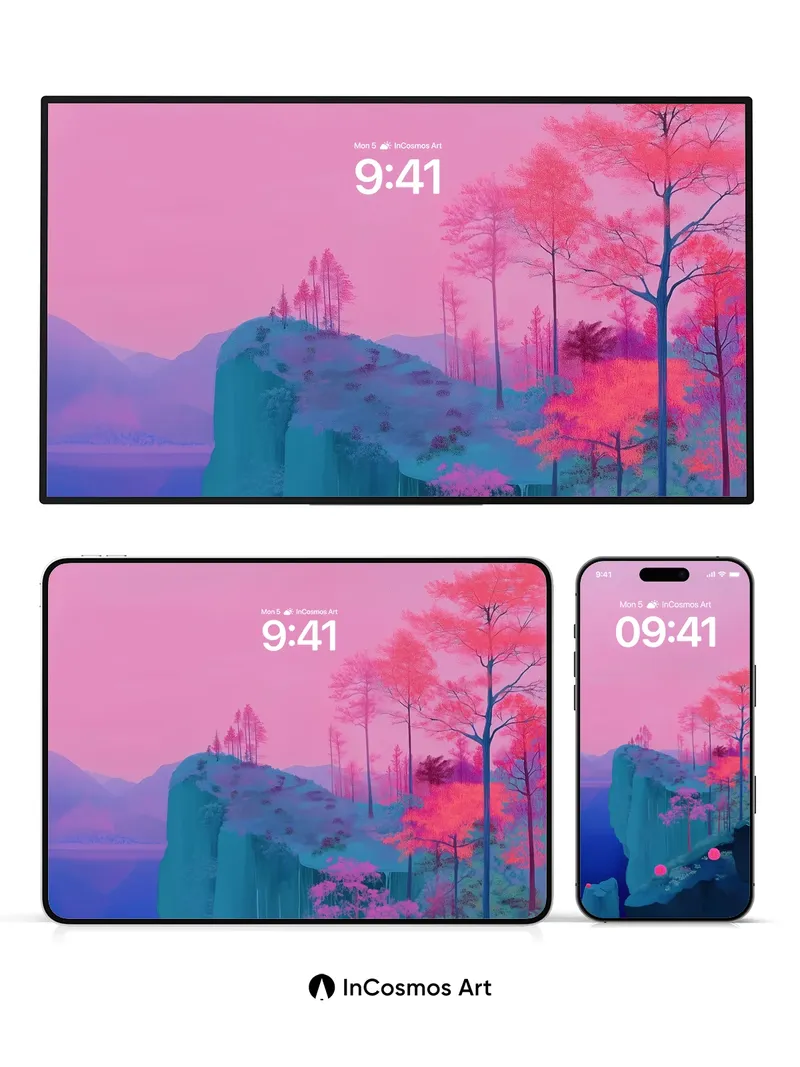 Surreal Cliffside Wallpaper with Neon Forest Veil