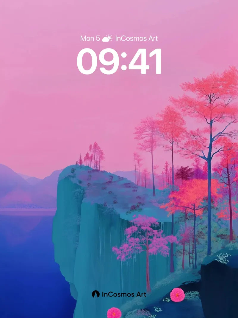 Surreal Cliffside Wallpaper with Neon Forest Veil
