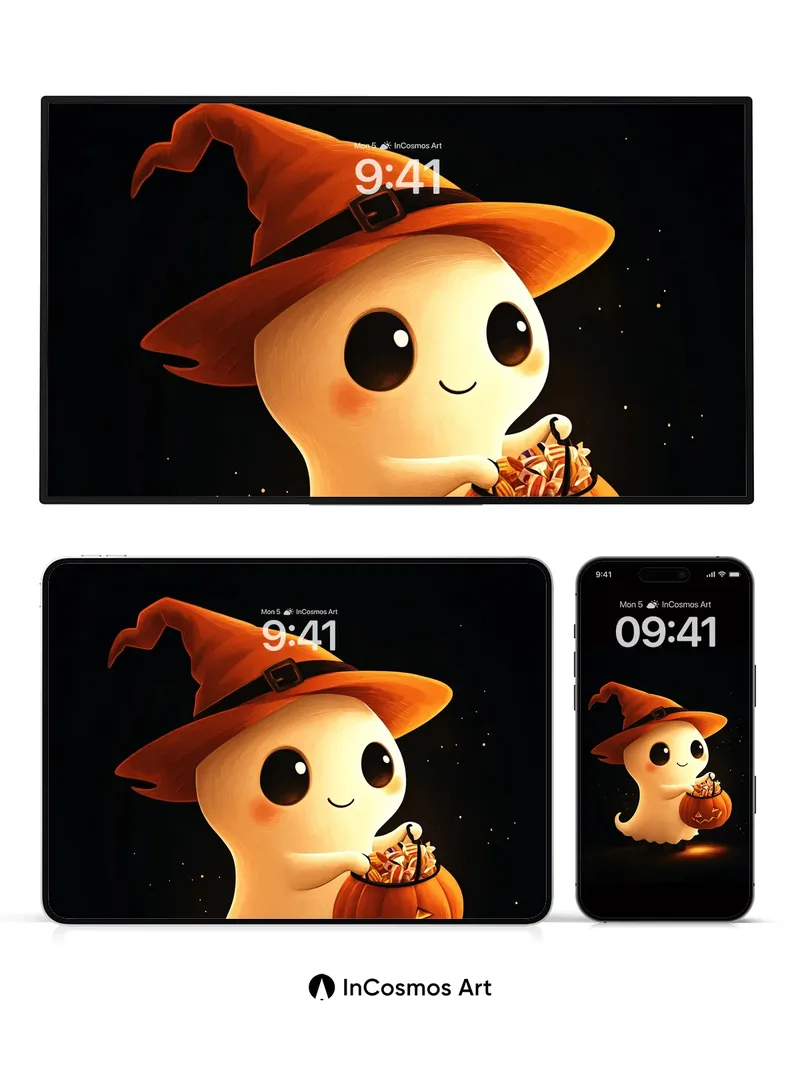 Glowing Ghost Halloween Wallpaper with Witch Hat Charm