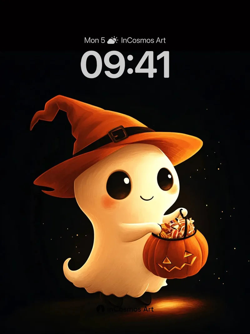 Glowing Ghost Halloween Wallpaper with Witch Hat Charm