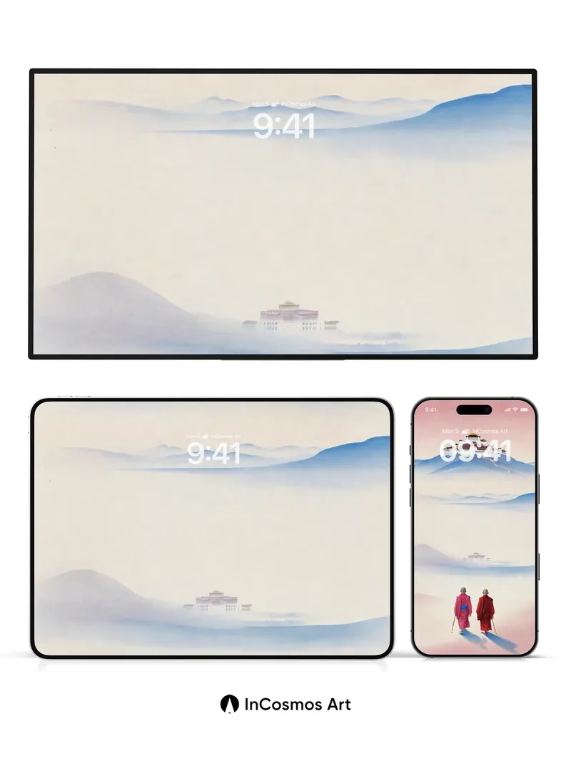 Serene Pilgrimage Wallpaper with Floating Monastery