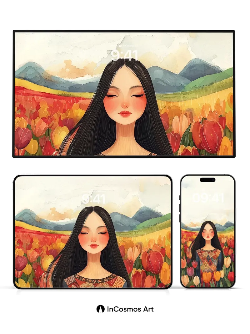 Serenity in Tulip Fields Wallpaper with Ethereal Light