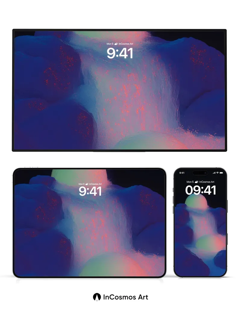 Luminous Cascade Wallpaper with Floating Spheres