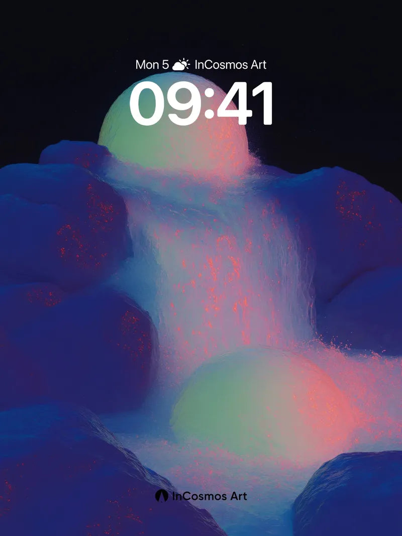 Luminous Cascade Wallpaper with Floating Spheres