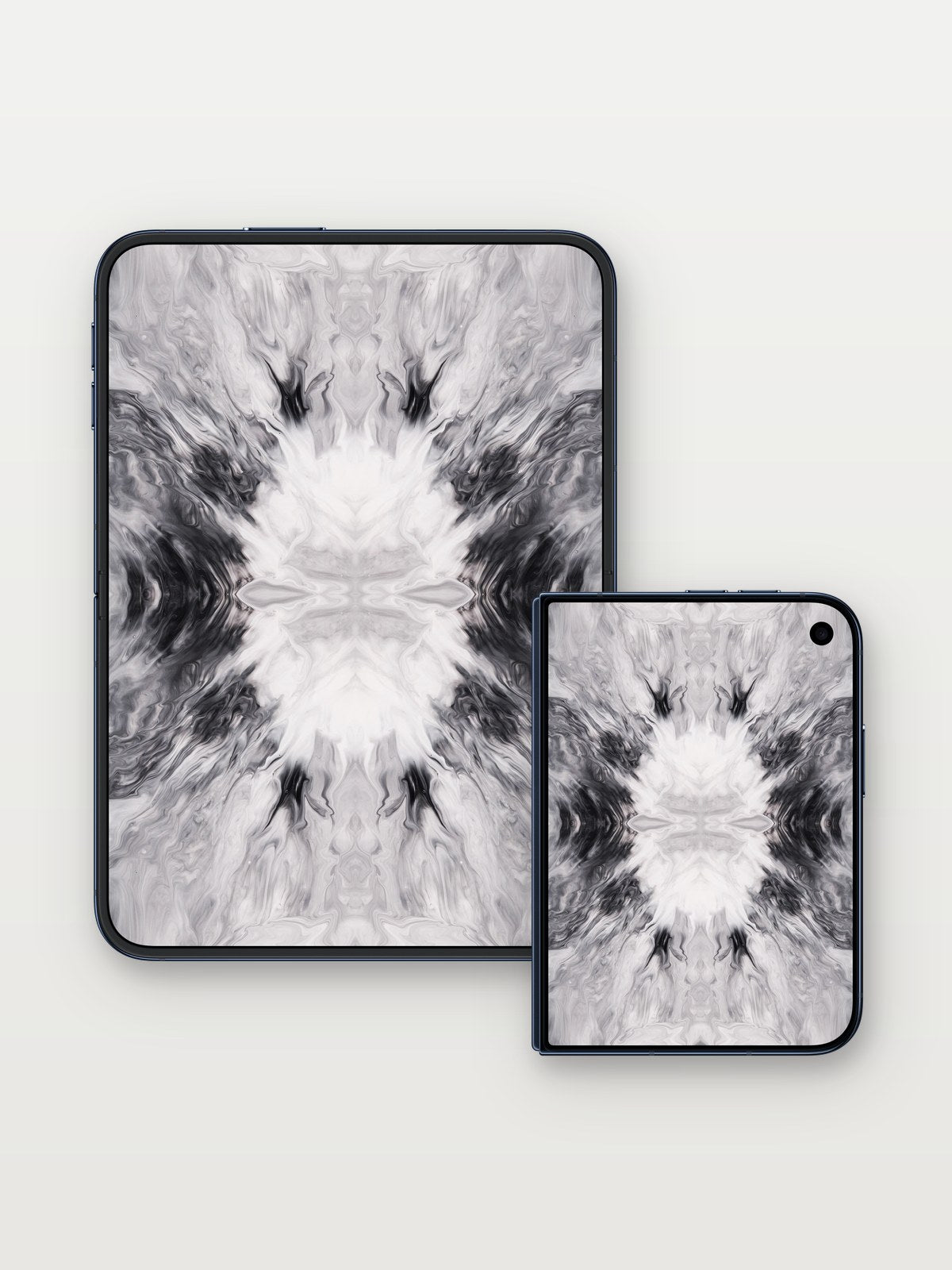Mirrored Smoke Wallpaper with Ethereal Core on iPhone Duo, open and closed