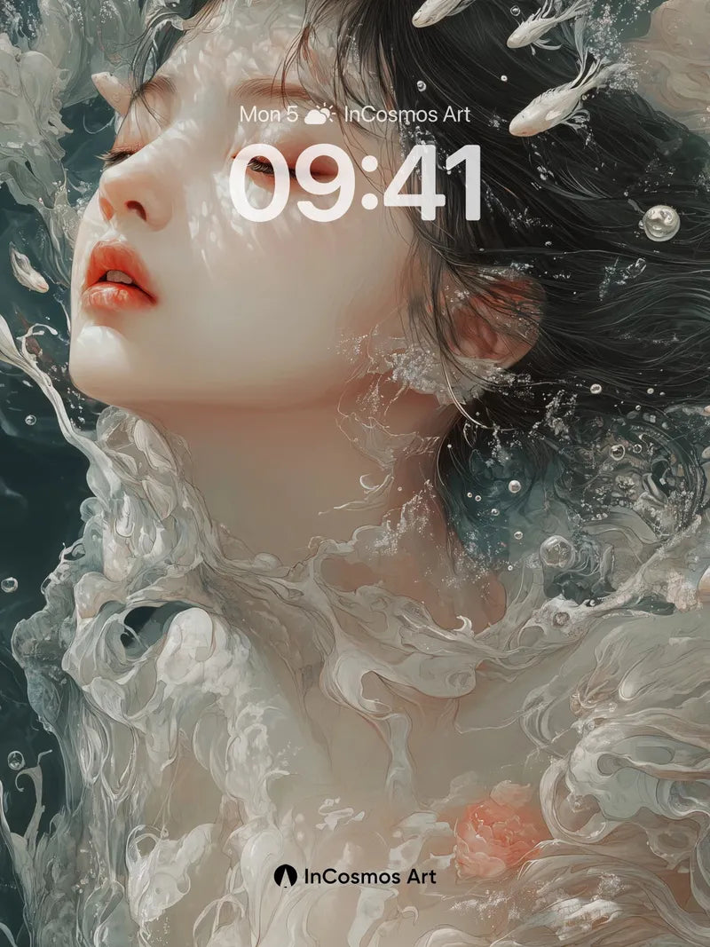 Serene Waterfall Wallpaper with Floating Pearls