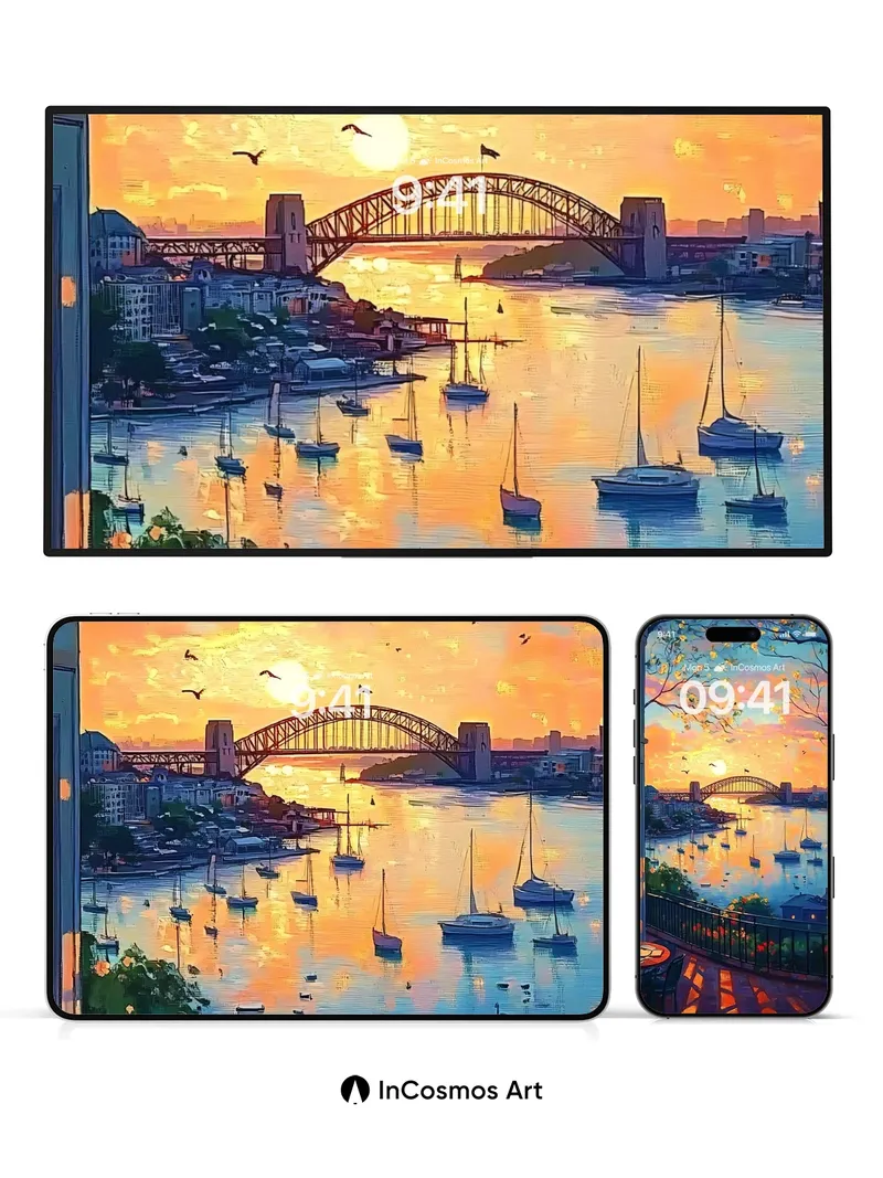 Golden Hour Harbor Wallpaper with Blossom Canopy