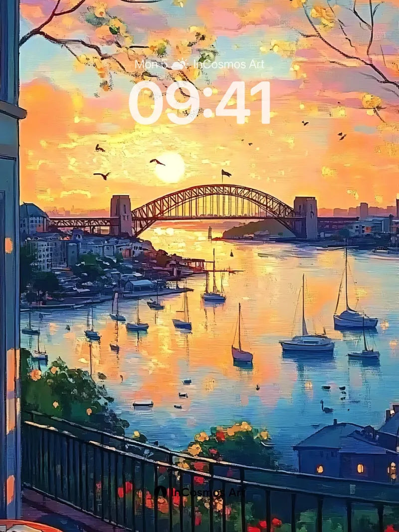 Golden Hour Harbor Wallpaper with Blossom Canopy
