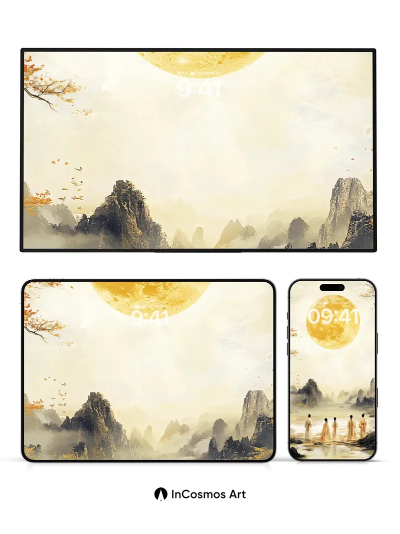 Golden Moonlight Wallpaper with Silent Figures