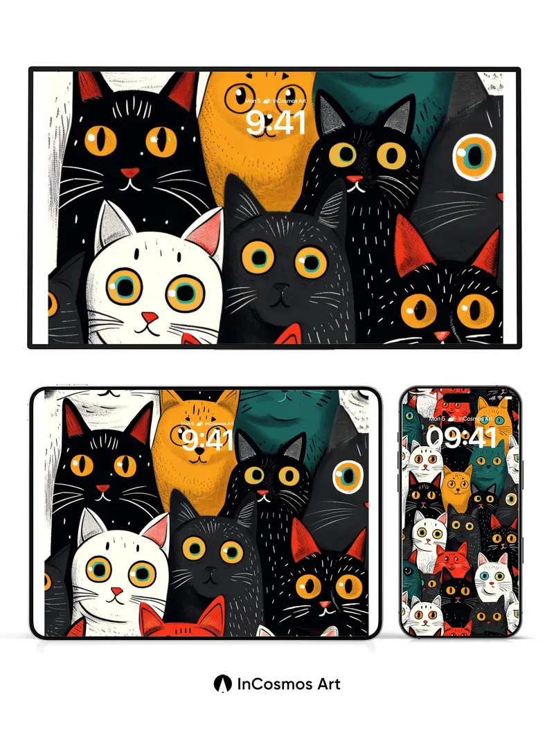 Whimsical Cat Crowd Wallpaper with Playful Eyes
