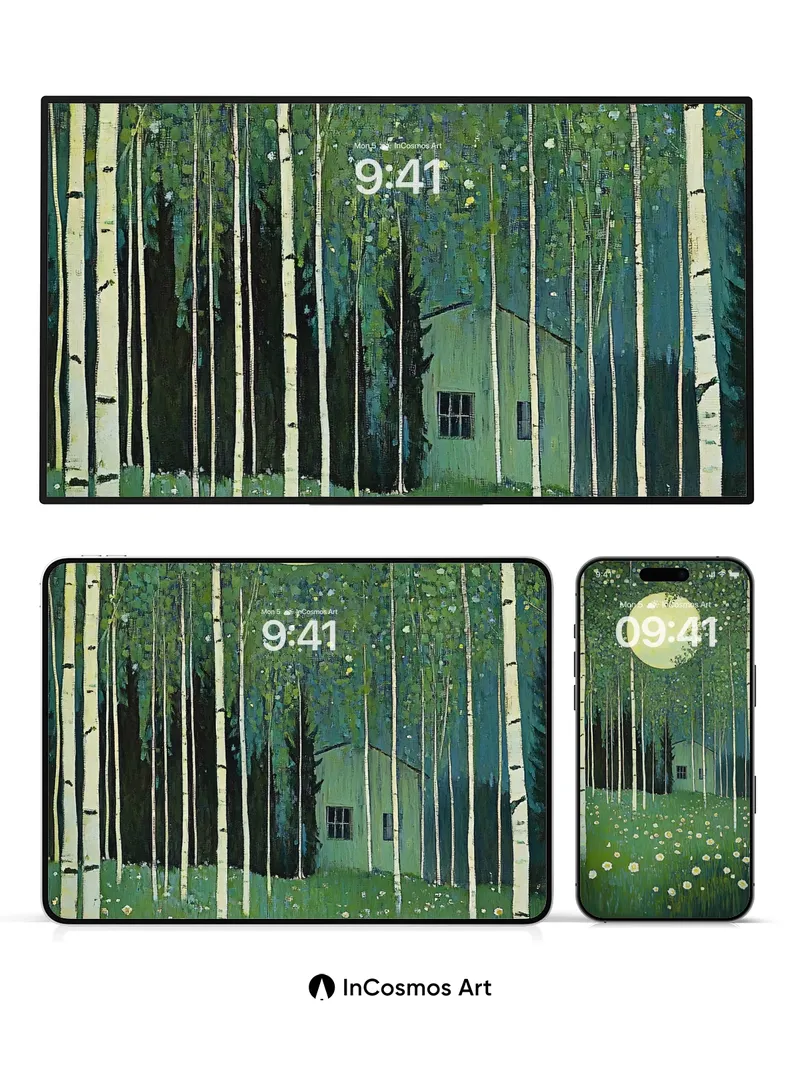 Moonlit Birch Forest Wallpaper with Hidden Cottage