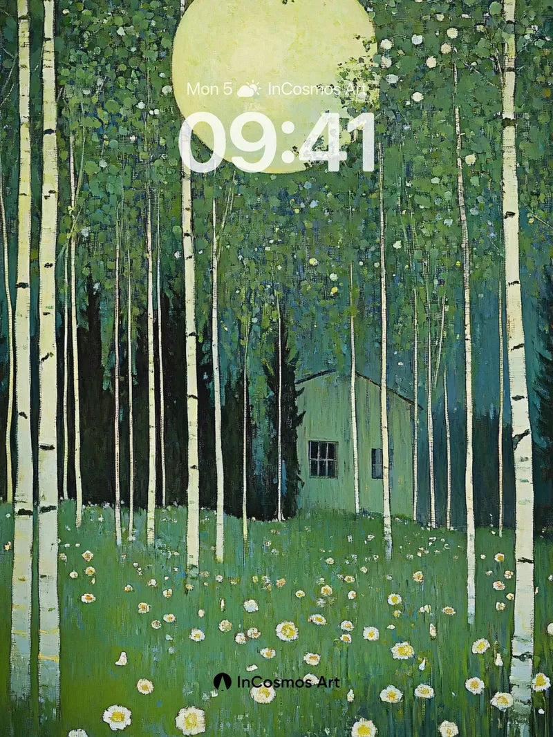 Moonlit Birch Forest Wallpaper with Hidden Cottage