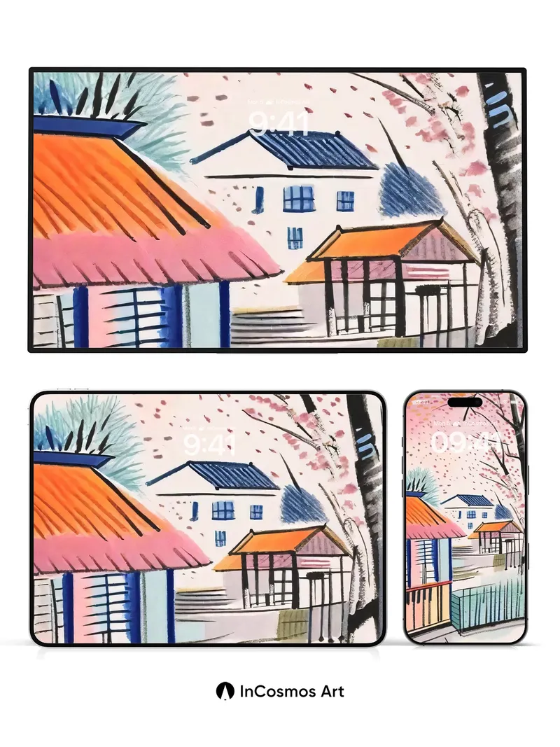 Cherry Petal Drift Wallpaper with Ink-Lined Houses