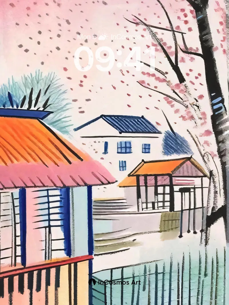 Cherry Petal Drift Wallpaper with Ink-Lined Houses