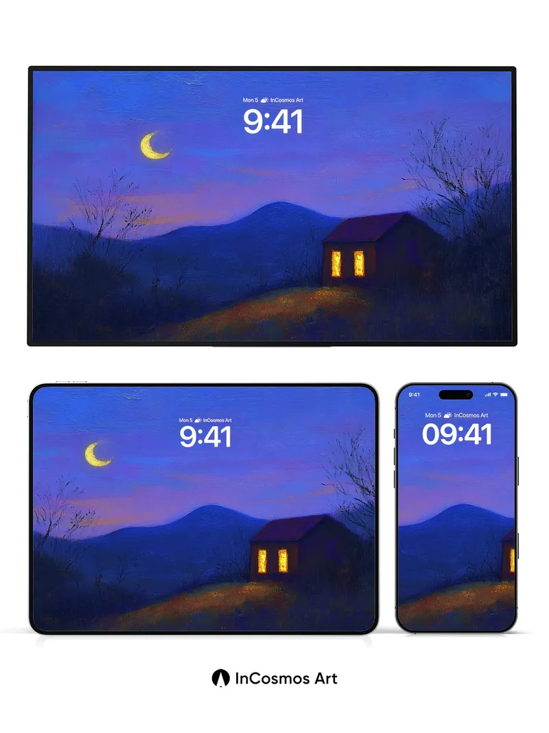 Cobalt Hush Wallpaper with Moonlit Hearth