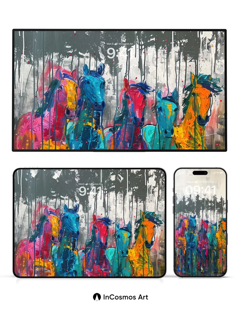 Electric Forest Wallpaper with Painted Horses