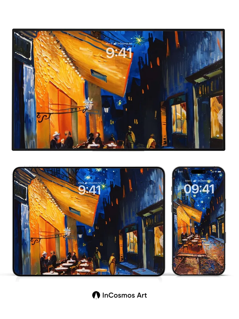 Starry Night Café Wallpaper with Golden Glow