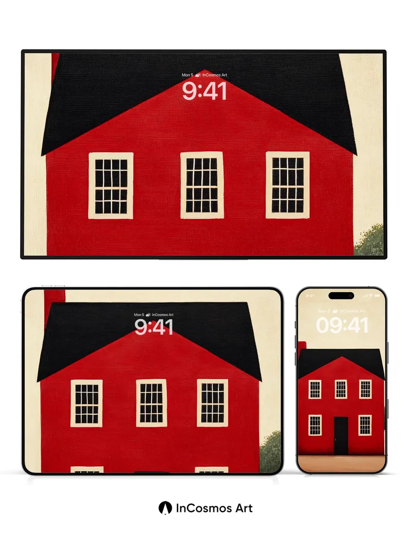 Nostalgic Red House Wallpaper with Textured Canvas Touch