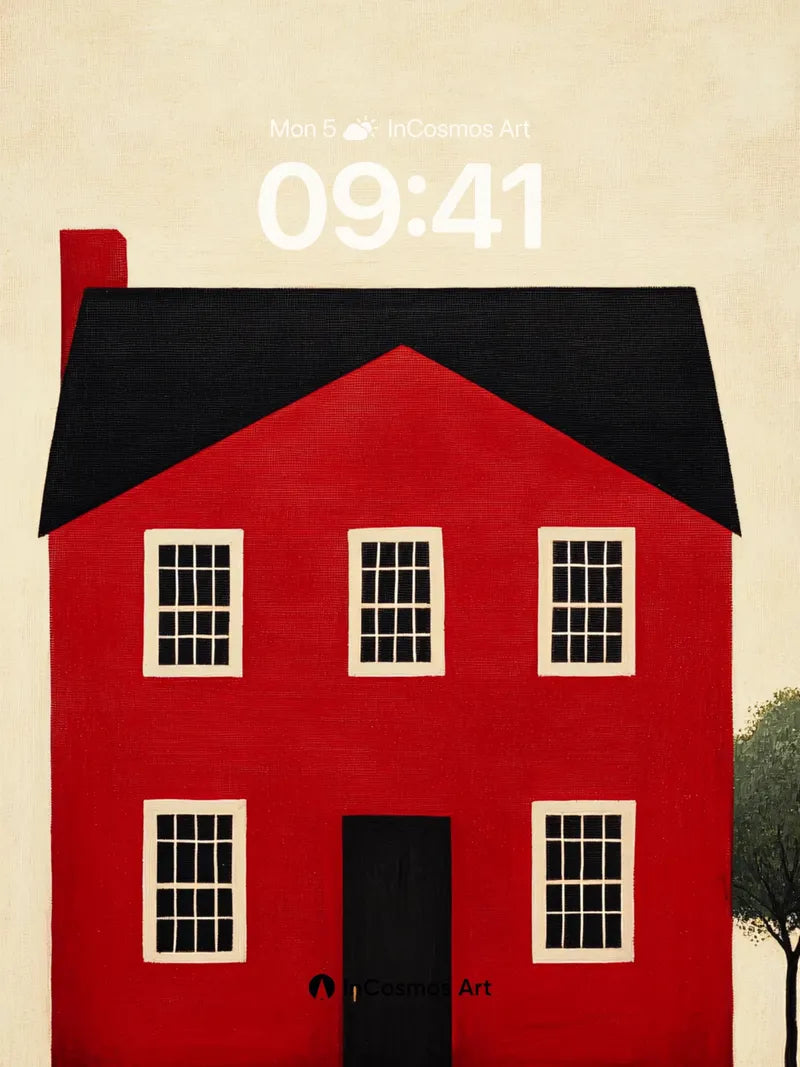Nostalgic Red House Wallpaper with Textured Canvas Touch