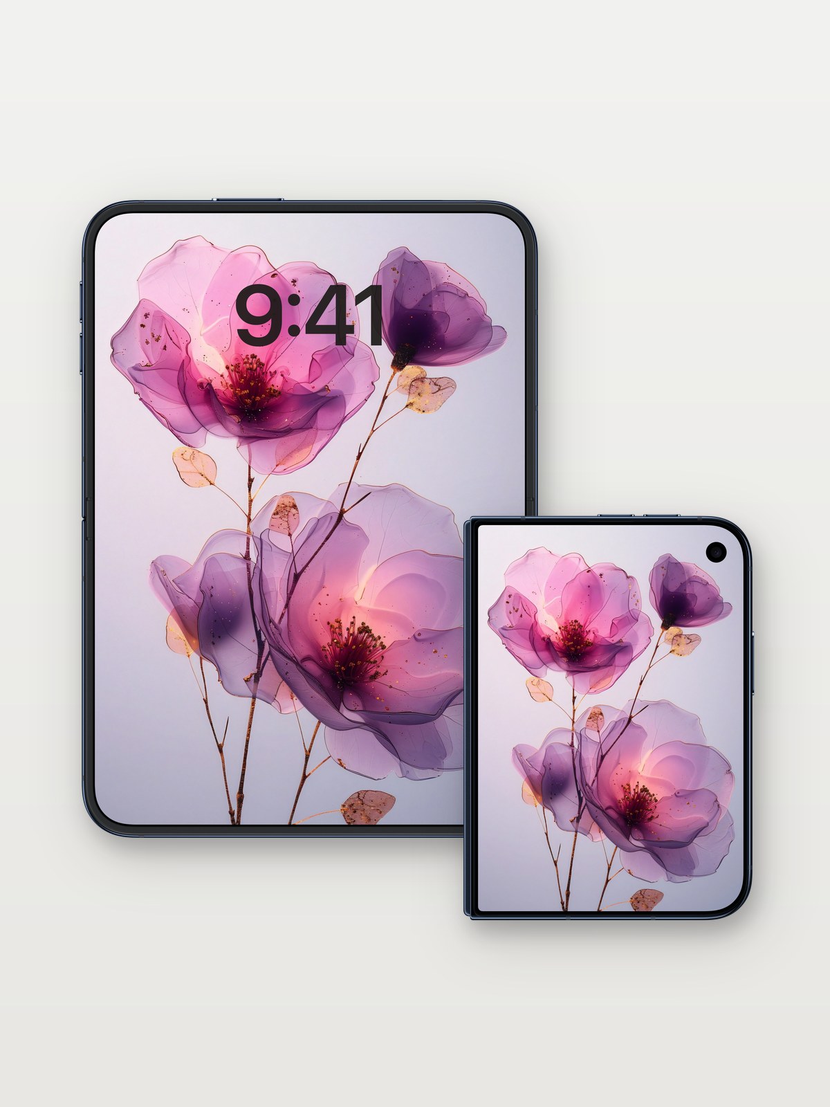 Luminous Petal Wallpaper with Ethereal Light on iPhone Duo, open and closed