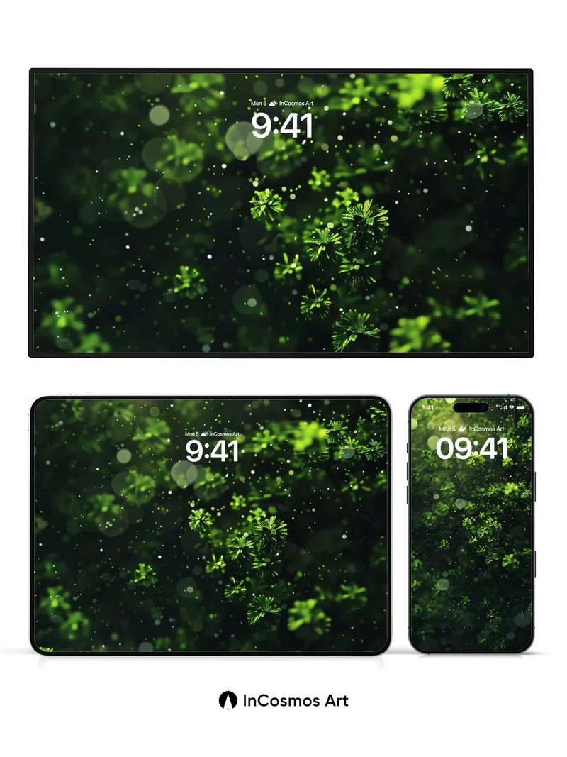 Luminous Forest Wallpaper with Floating Embers