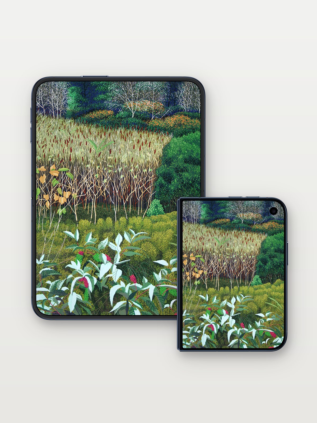 Whispering Marsh Wallpaper with Silver Leaves on iPhone Duo, open and closed