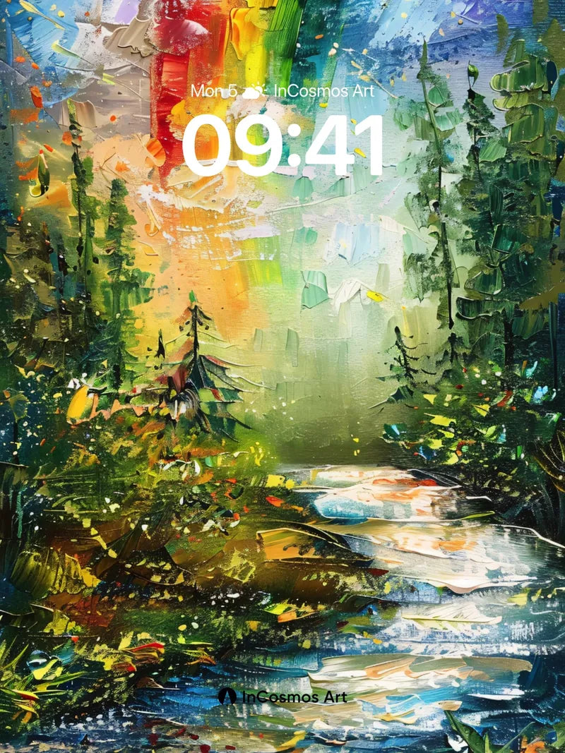 Rainbow Forest Wallpaper with Luminous Stream wallpaper for iPhone, iPad & Mac
