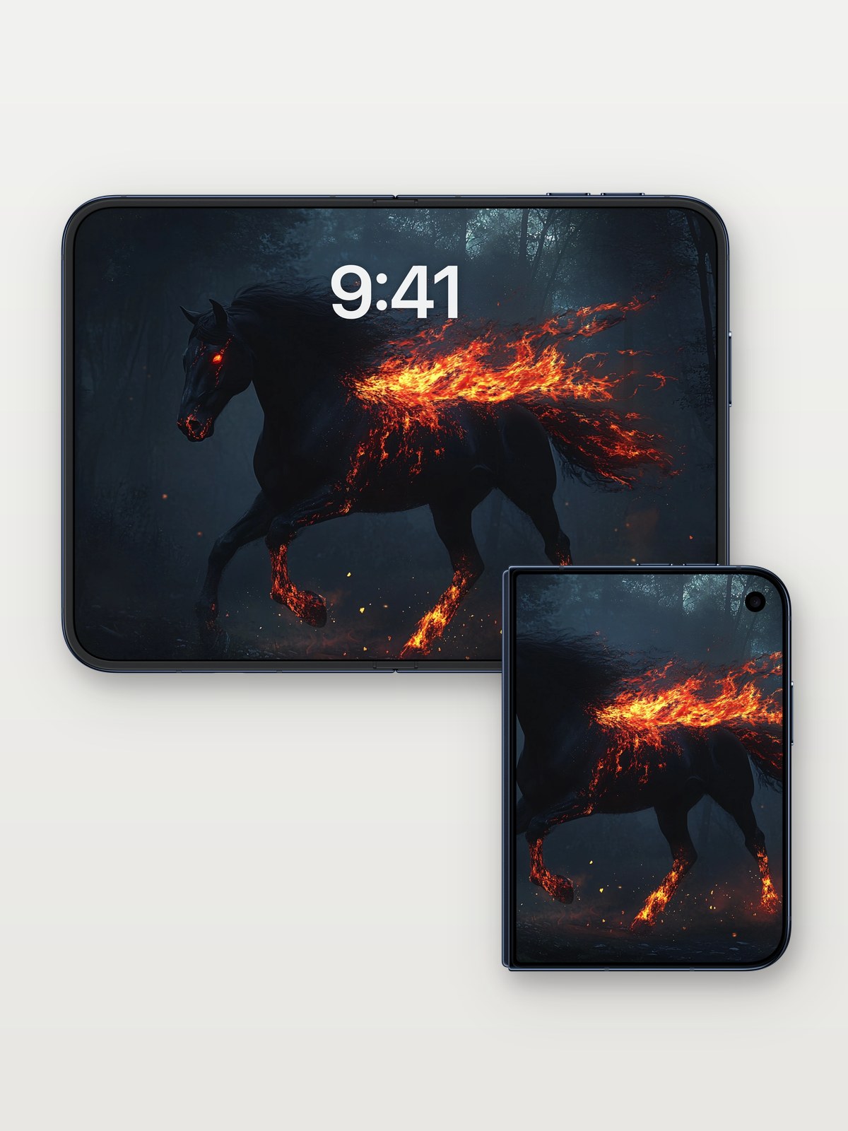 Inferno Steed Wallpaper with Burning Mane on iPhone Duo, open and closed