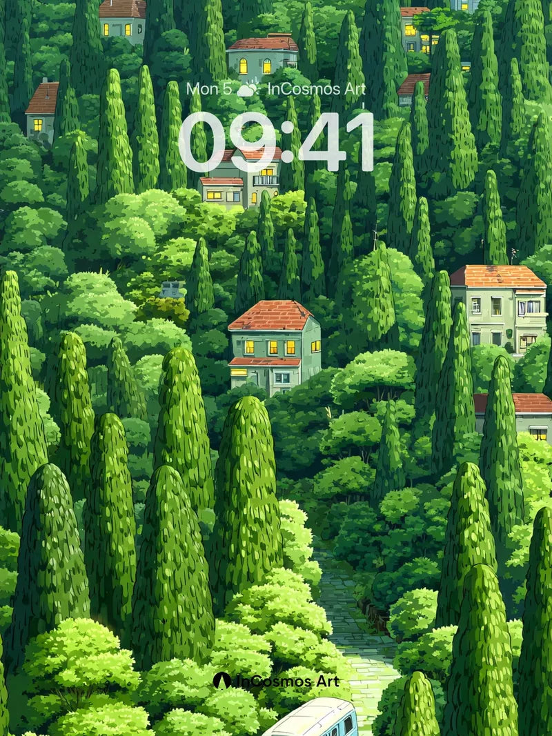 Whispering Pines Wallpaper with Village Glow wallpaper for iPhone, iPad & Mac