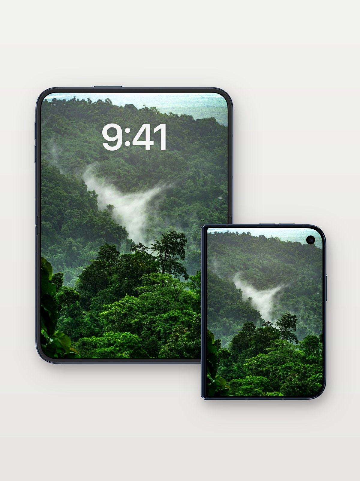 Whispering Canopy Wallpaper with Mist Veil on iPhone Duo, open and closed