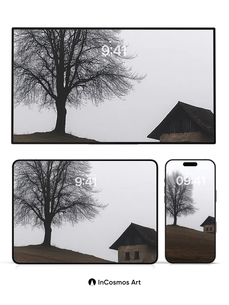 Solitary Stillness Wallpaper with Fog-Whispered Hills